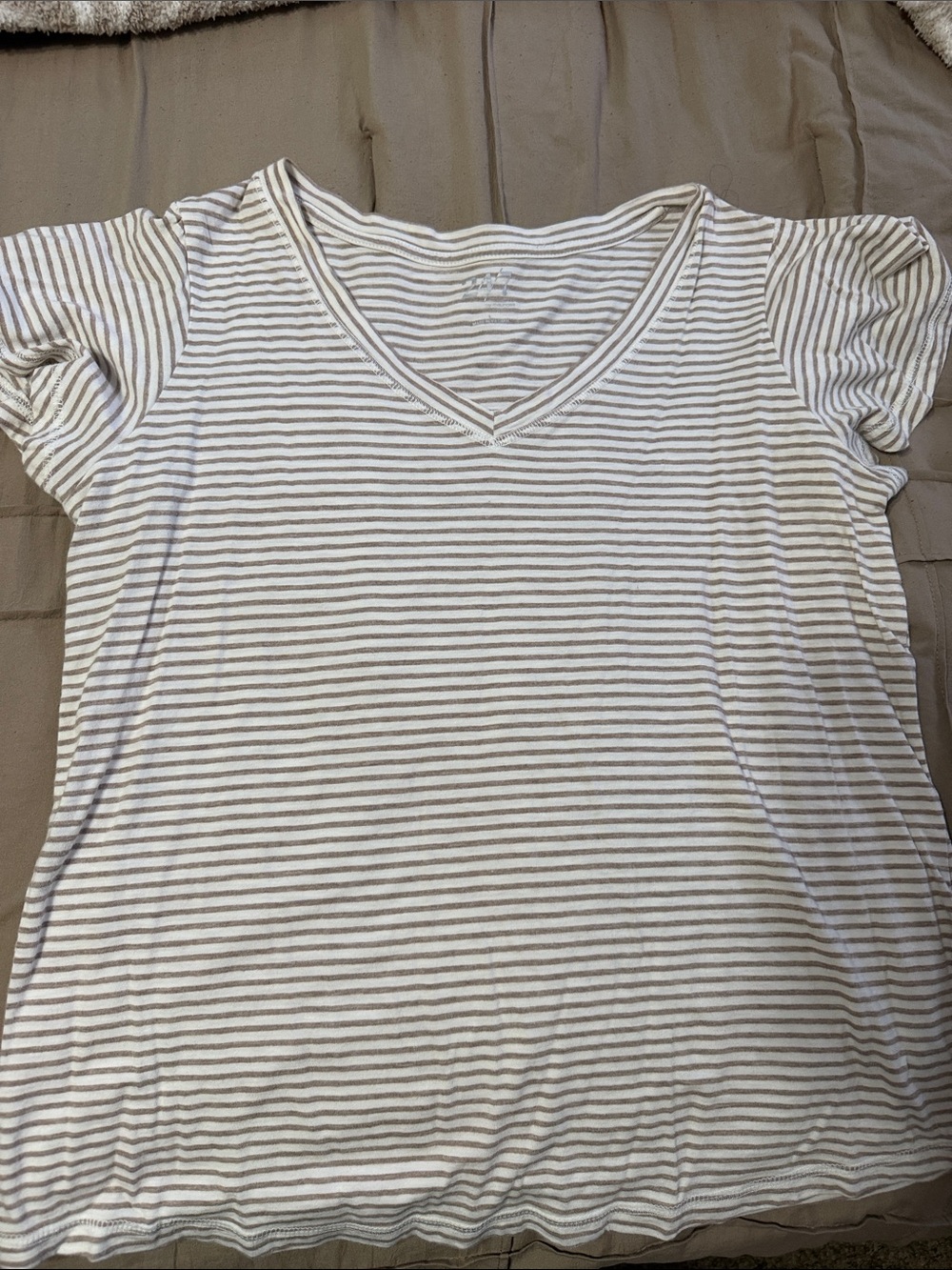 Relaxed V-Neck Short Sleeve Tee in White & Light brown Stripes